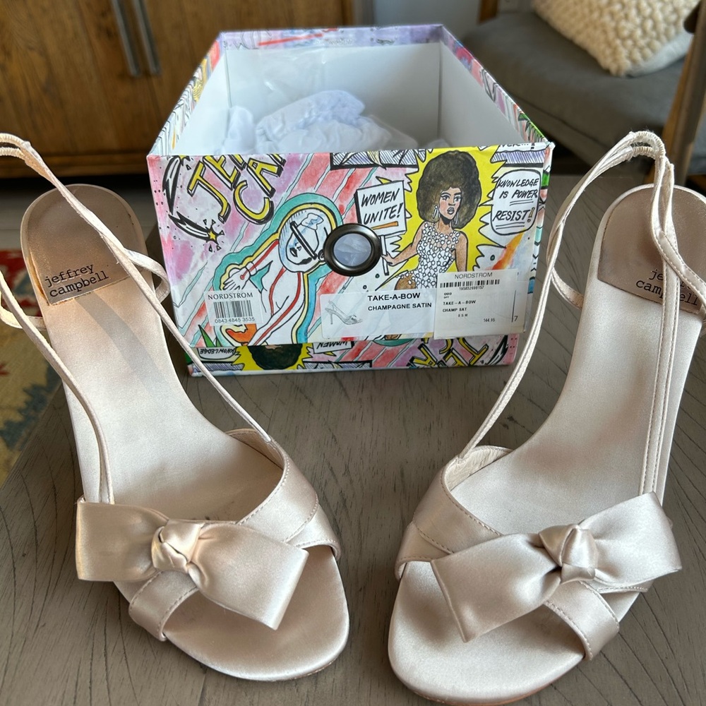 Jeffrey Campbell Satin “Take a Bow” Cream Heels